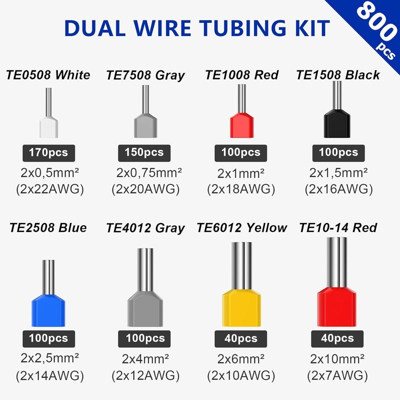 Preciva 800PCS Double Wire Ferrule Kit - Dual Barrel Ferrules Connectors for AWG 22-7, Ideal for Electrical, Industrial, and DIY Projects - Image 2